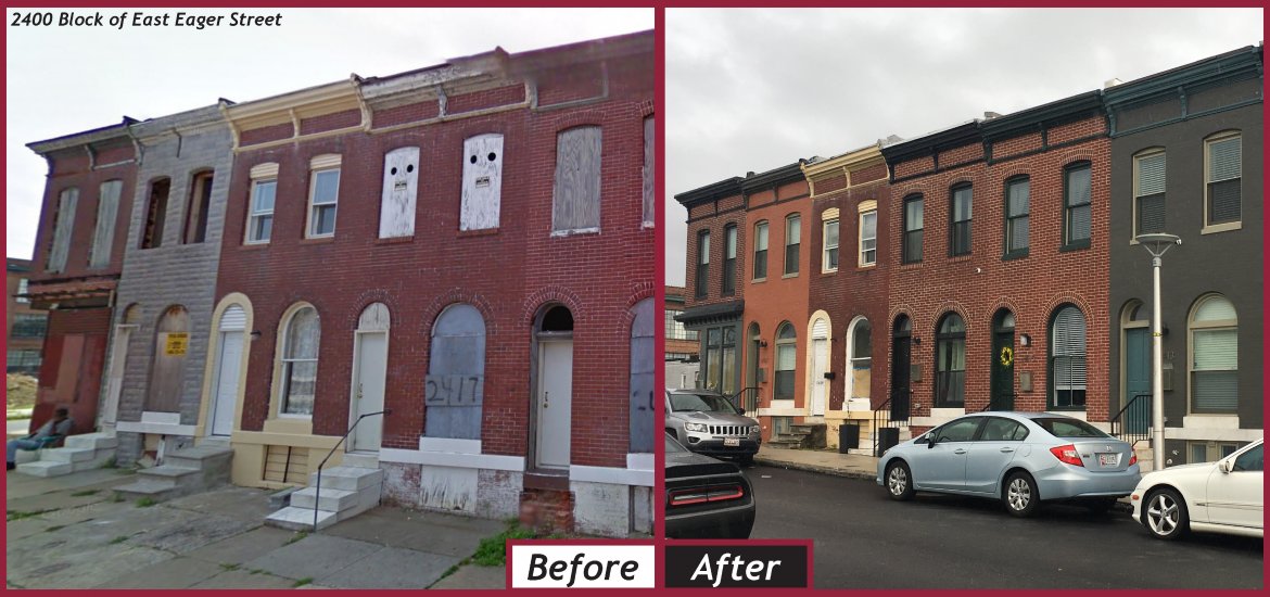 Before and after photo of renovated rowhouses